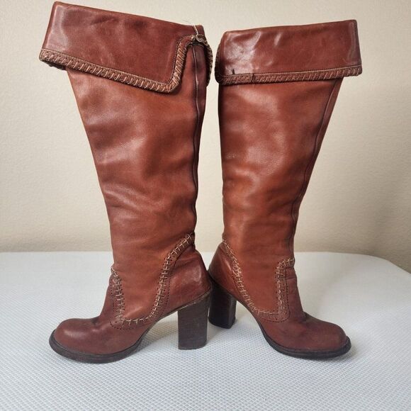Vintage 70s Zodiac Tall Boots Womens Size 6.5 Brown Stacked Heel Boho Hippy